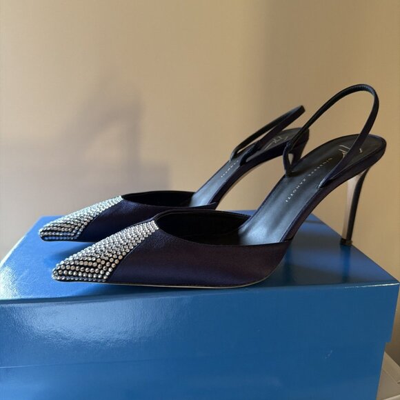 Giuseppe Zanotti Sling Back Heels Evening Navy Satin With Crystals - Picture 3 of 10